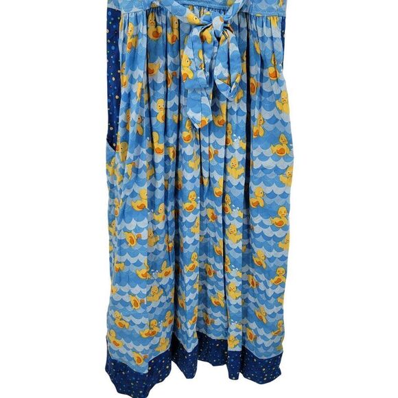 Handmade Whimsical Rubber Duck Maxi Apron Dress Tie Waist Sz XS Blue Pockets Fun - Picture 12 of 13